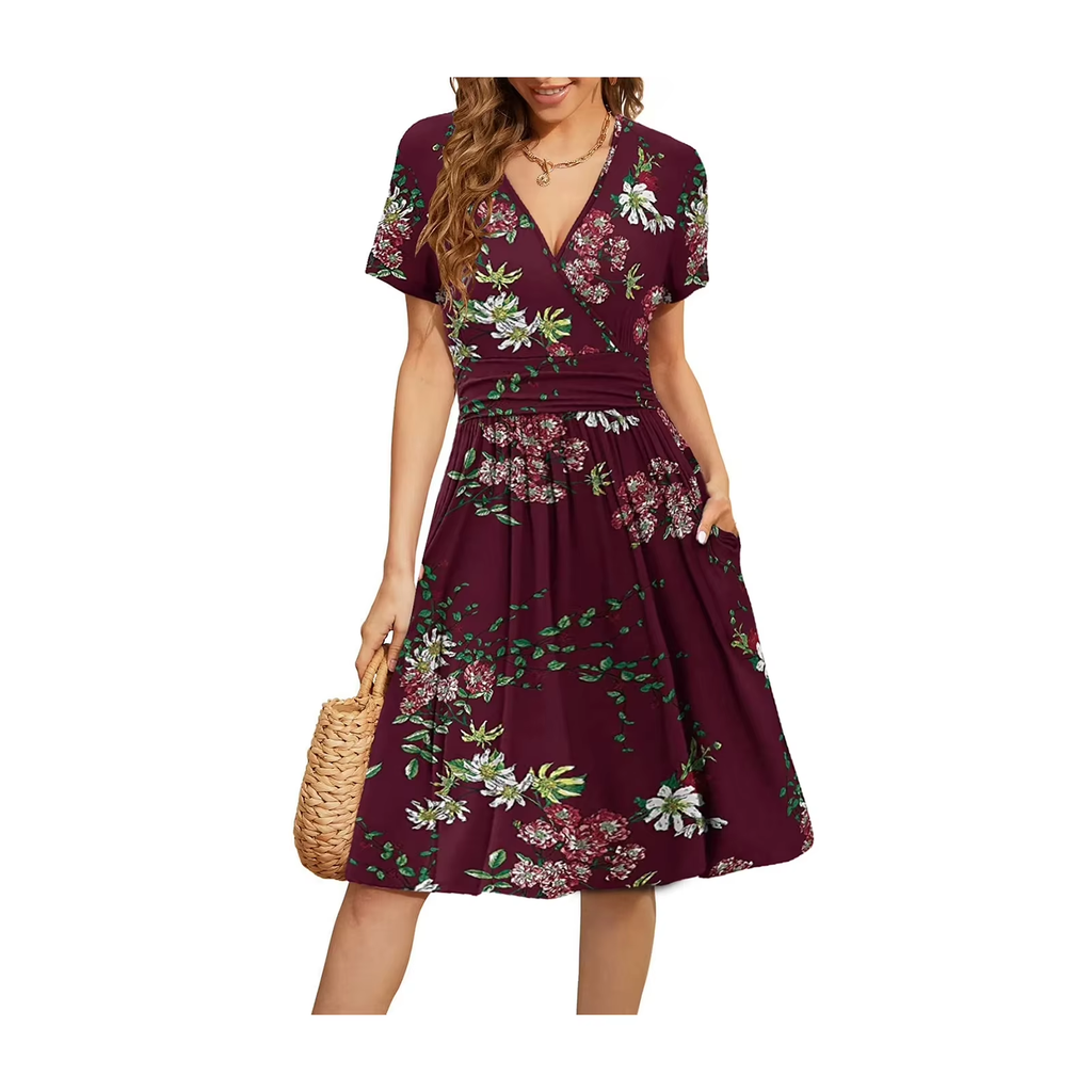 Vestido midi holgado con estampado floral y cuello en V de mujer - Moda verano 2026, vestido casual con bolsillos.