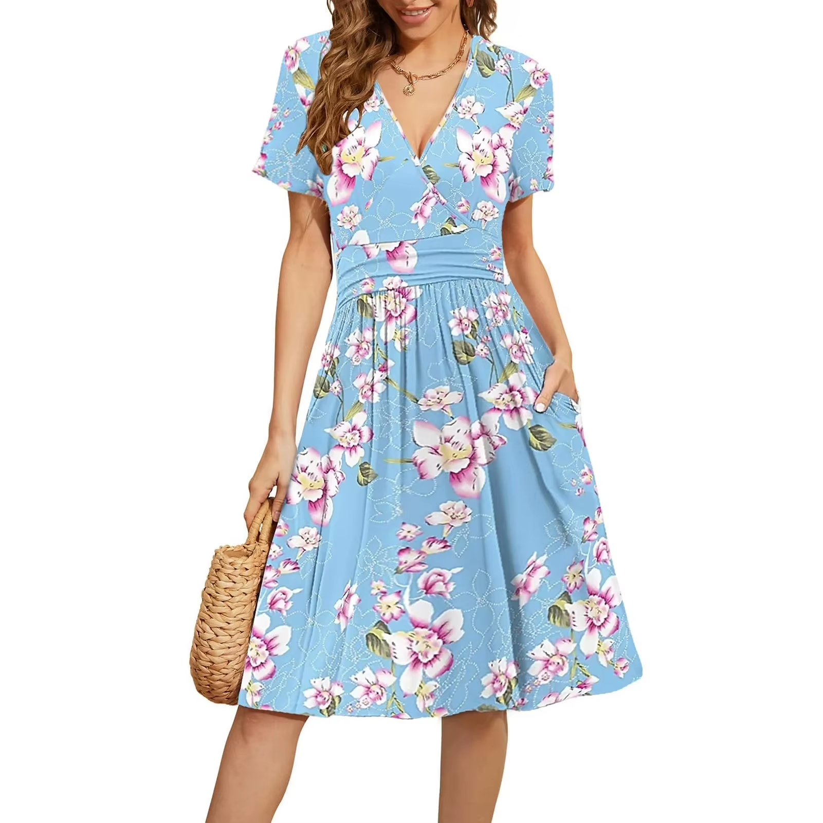 Vestido midi holgado con estampado floral y cuello en V de mujer - Moda verano 2026, vestido casual con bolsillos.
