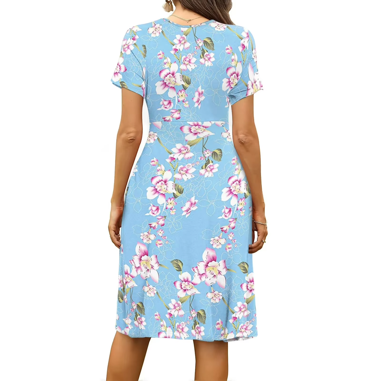 Vestido midi holgado con estampado floral y cuello en V de mujer - Moda verano 2026, vestido casual con bolsillos.