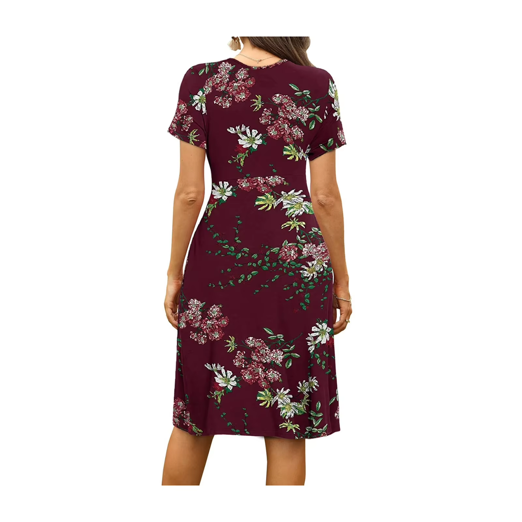 Vestido midi holgado con estampado floral y cuello en V de mujer - Moda verano 2026, vestido casual con bolsillos.