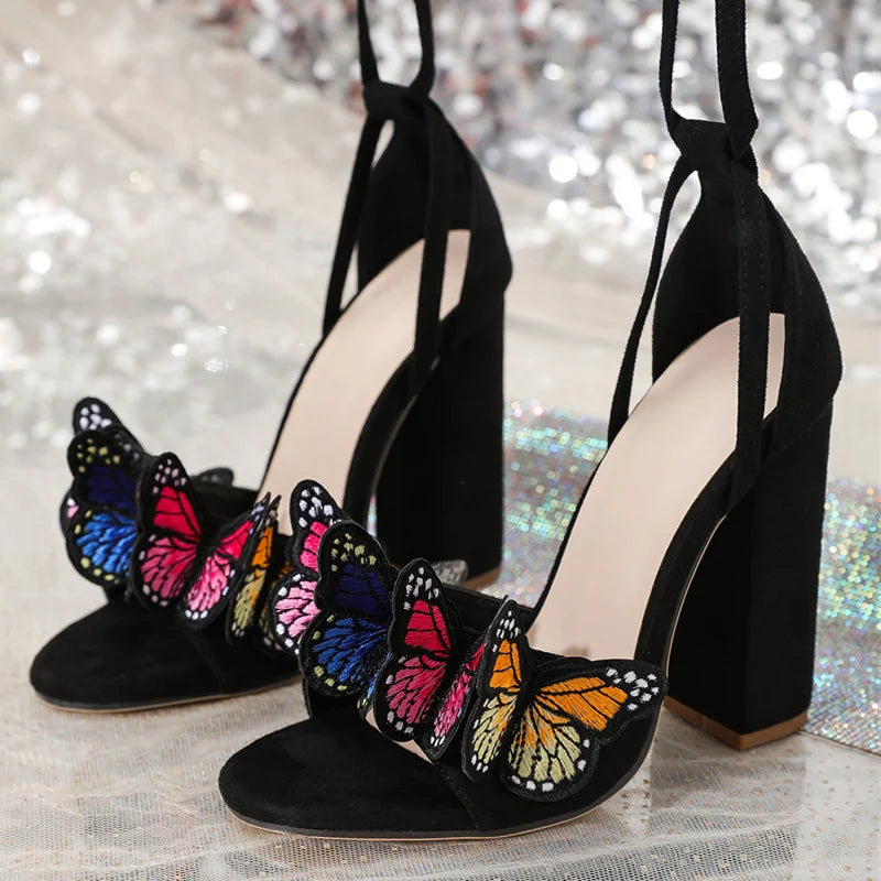 Summer Gladiator Sandals Women Handwork Embroidery Butterfly Open Toe Lace up High Heels Fashion Party Dress Shoes Size 42